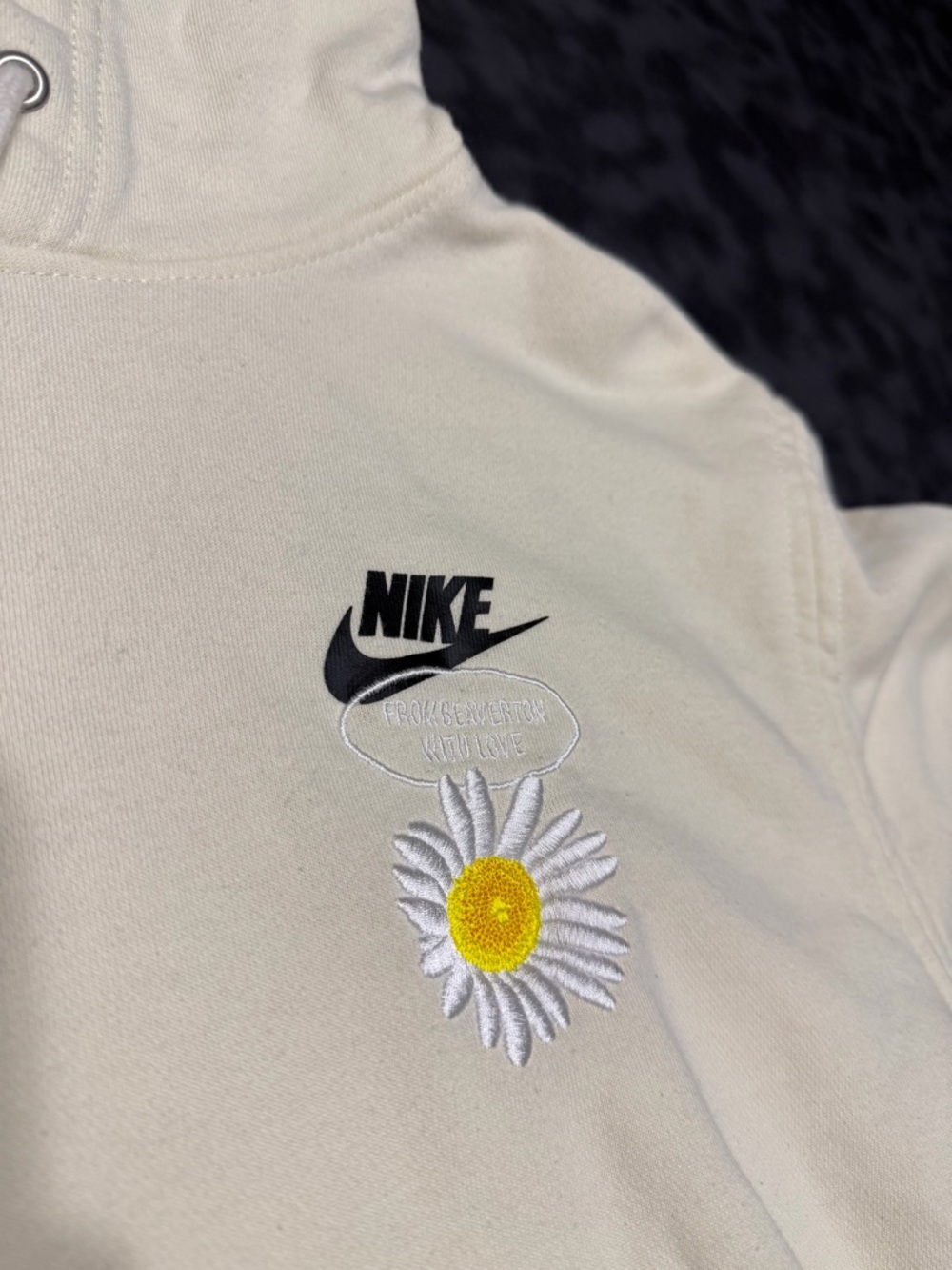 Nike Cream Hoodie with Black Logo and Daisy Embroidery